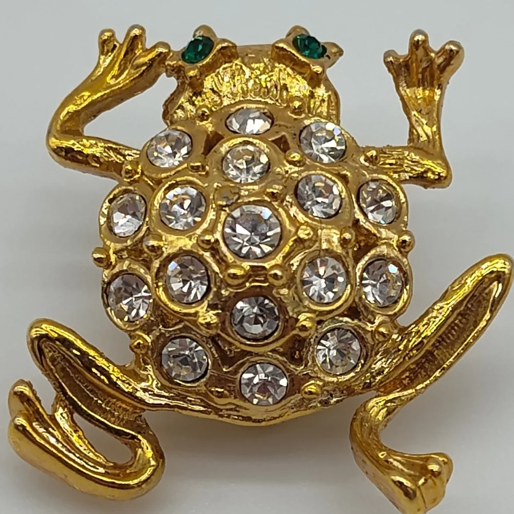 ROMAN Vintage Gold Tone Frog Brooch Rhinestone Crystal Figural Pin